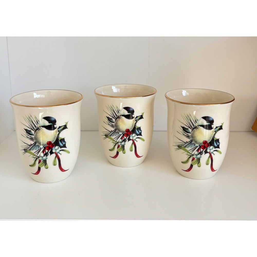 Lenox Winter Greetings Chickadee Tumblers Set of 3 Catherine McClung Ivory Gold